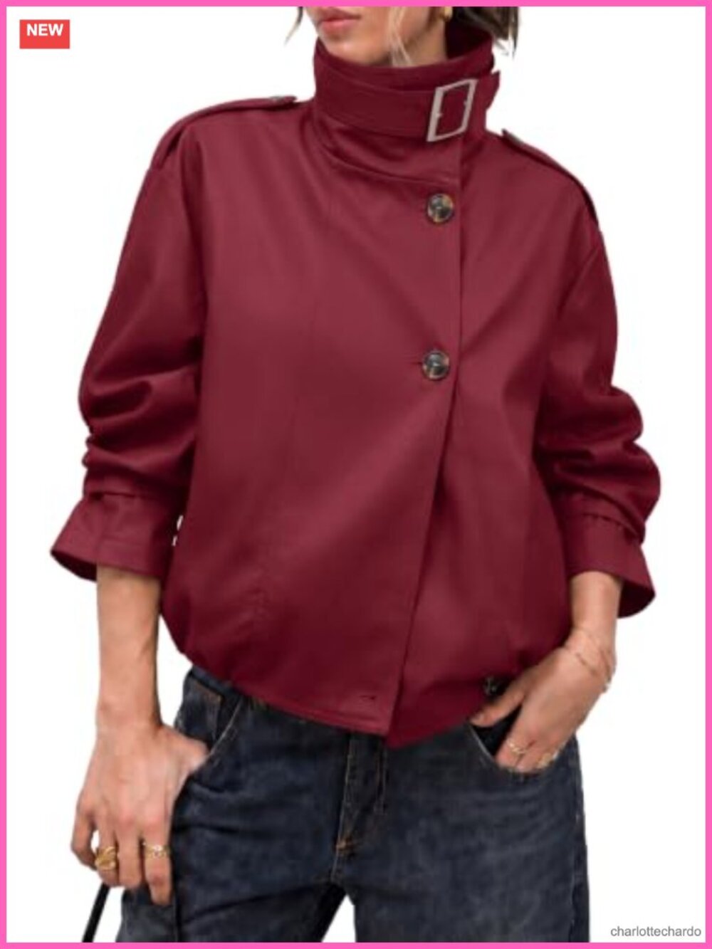 Funnel Neck Cropped Trench Coat Elastic Waist Button Cuffs Long Sleeve